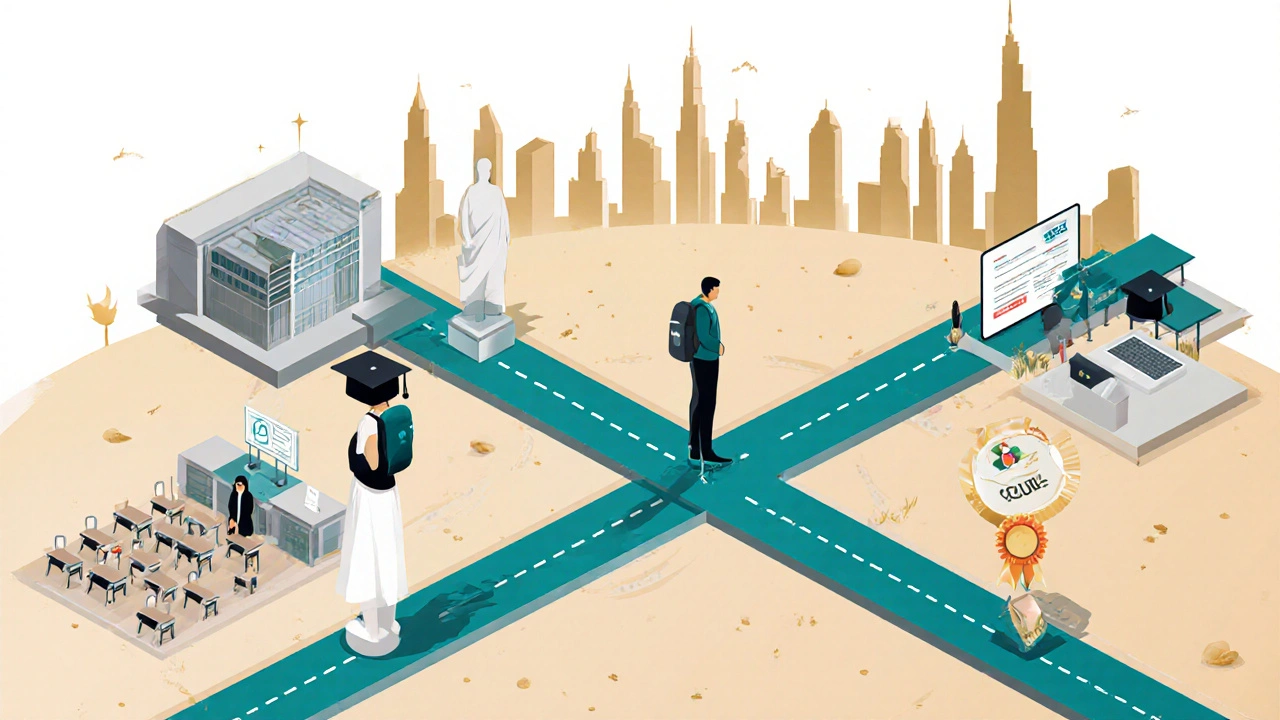 Isometric illustration of three study paths in Dubai: training, university, and online, branching outward.