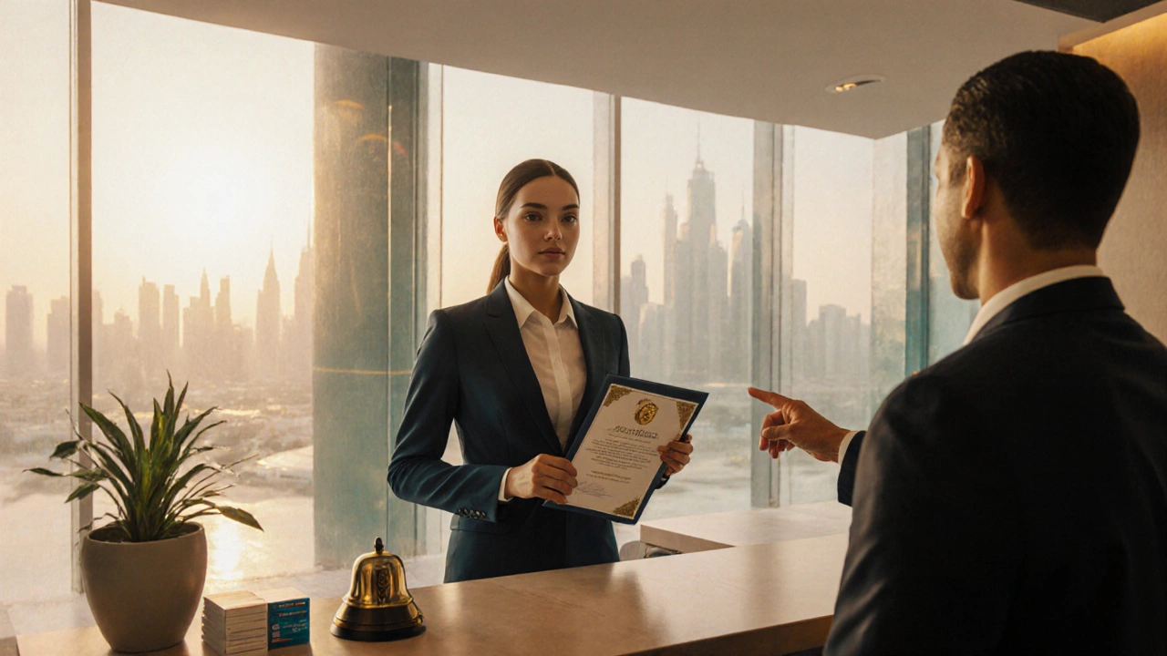 New professional with a certificate at a modern Dubai lobby reception in warm, golden light.