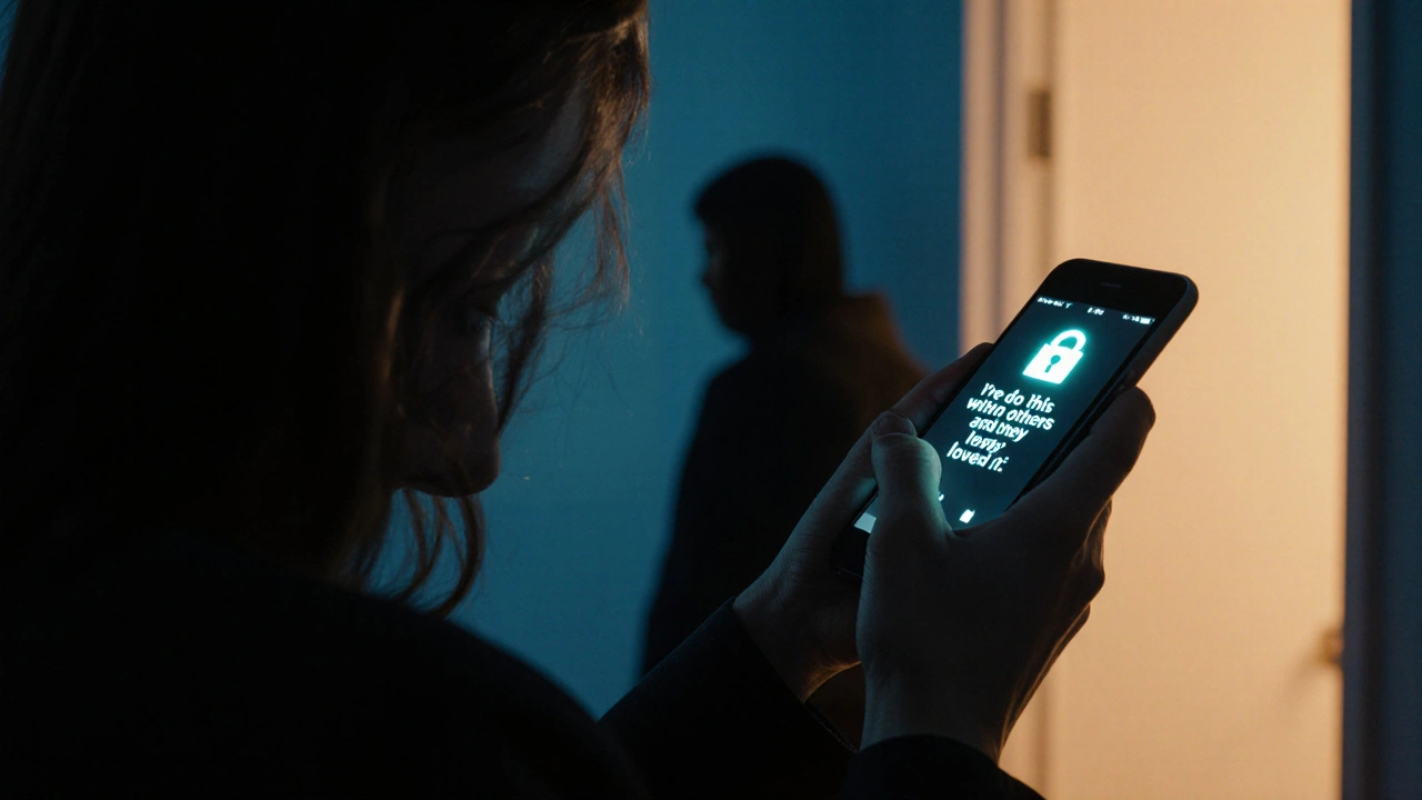 A woman grips her phone showing a threatening message, a shadowy figure behind her, cold lighting.