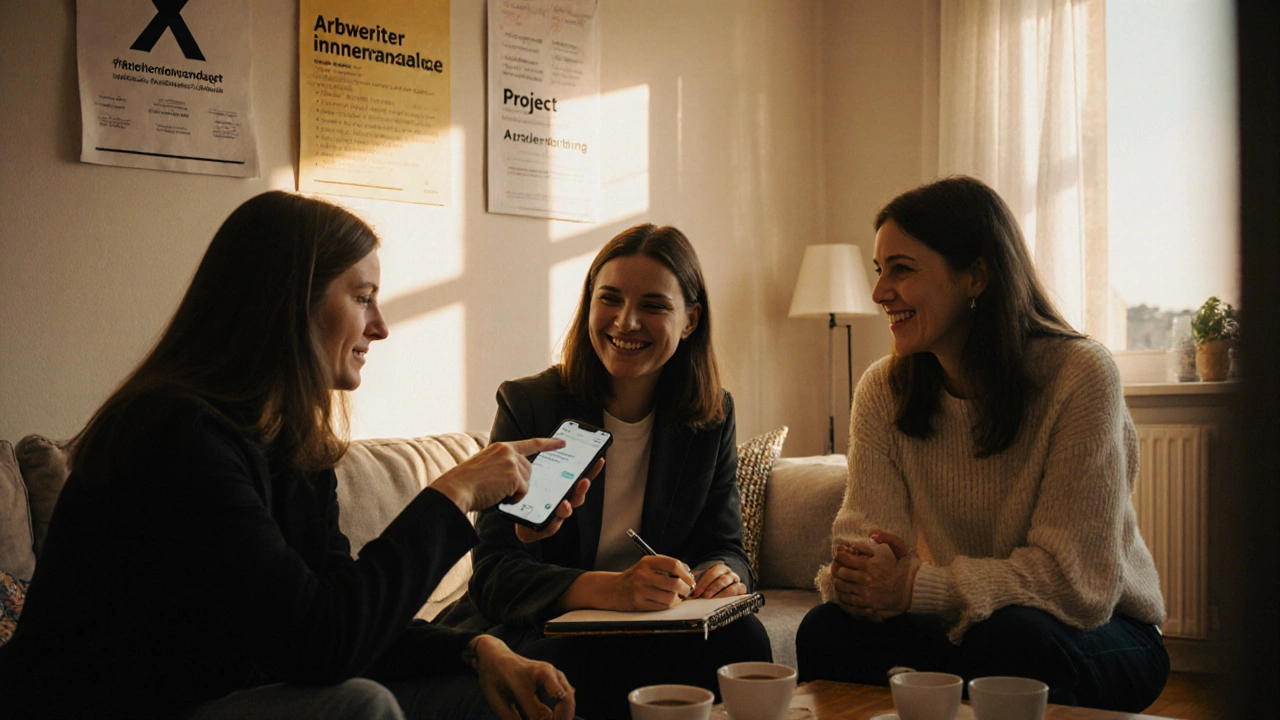 Three women meet in a warm room, sharing stories and notes, supporting each other after work.