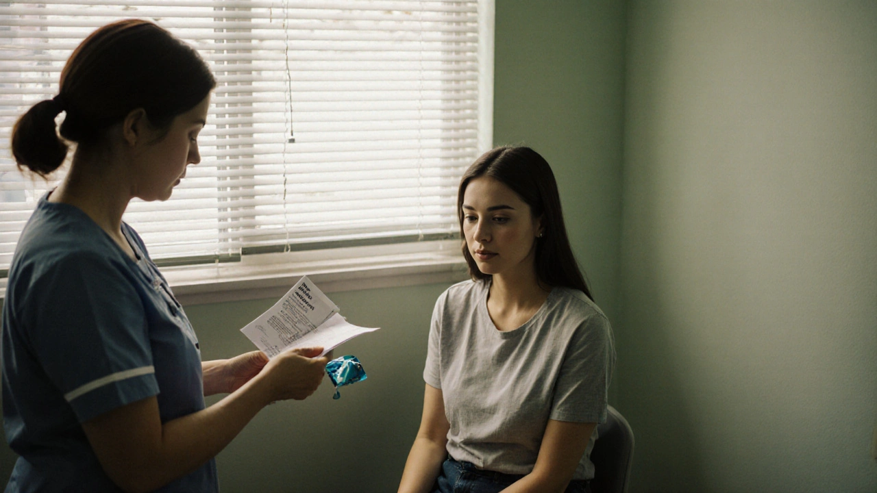 A clinic nurse handing condoms and a pamphlet to a woman in a quiet, sunlit room.