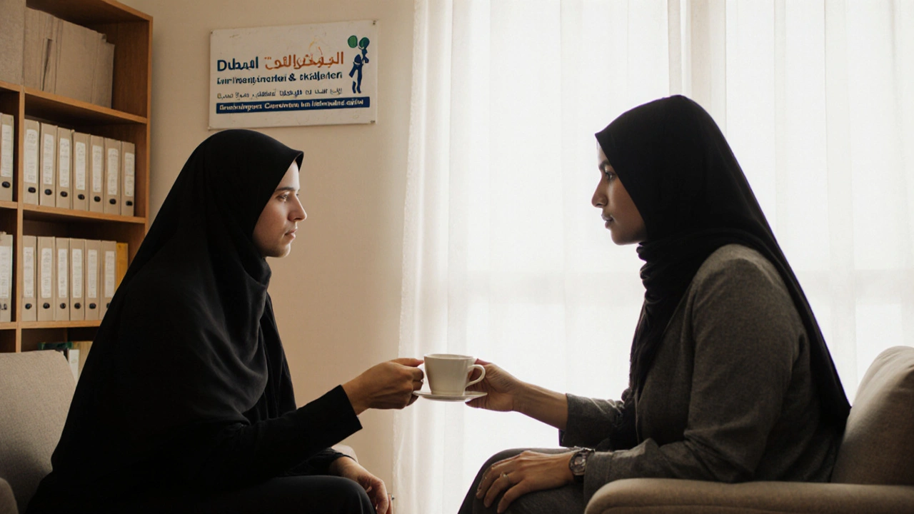 A counselor and a woman sitting together in a calm, softly lit support room at the Dubai Foundation for Women and Children.