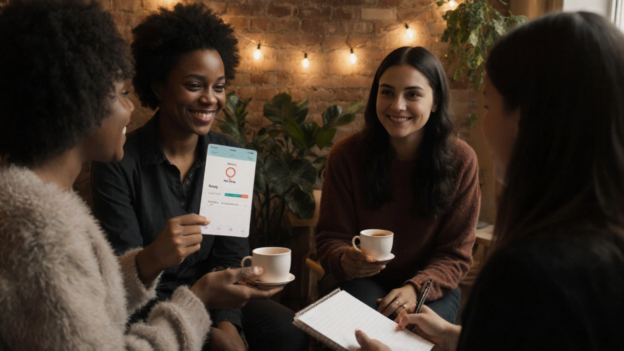 A diverse group of sex workers share tea and quiet support in a cozy community space.