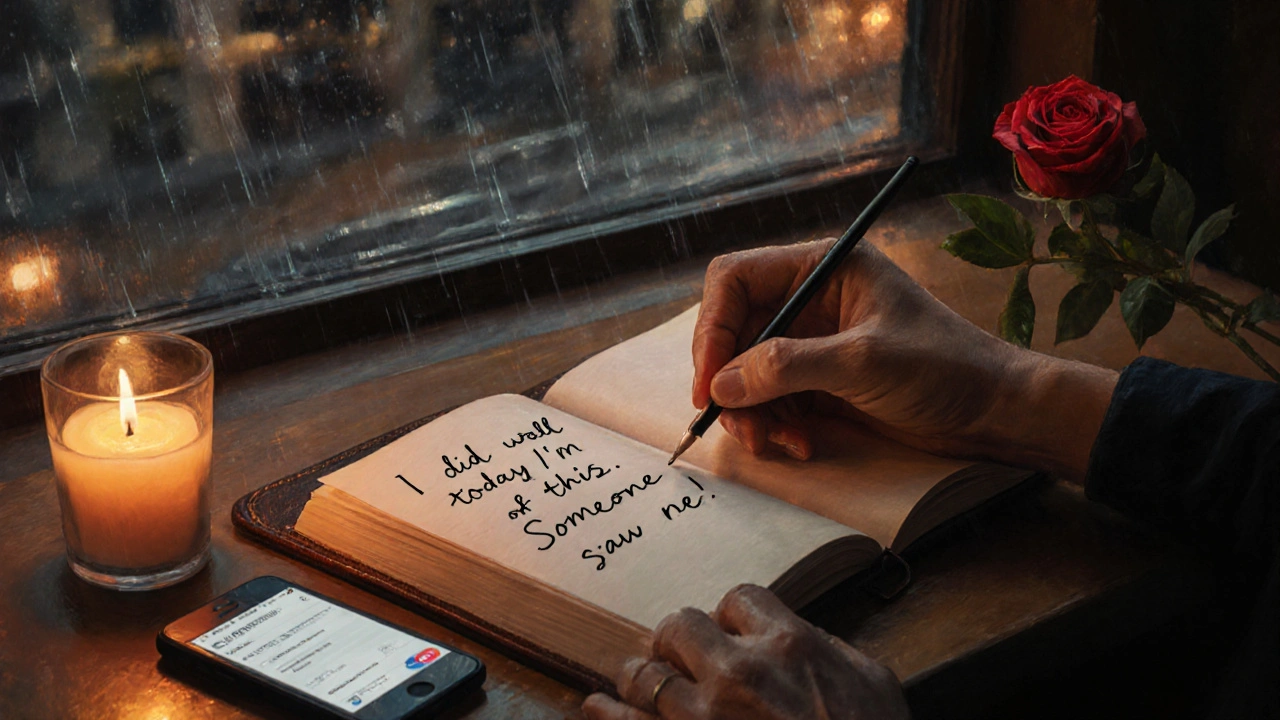 A hand writes in a journal by candlelight, with a canceled booking and red rose nearby.