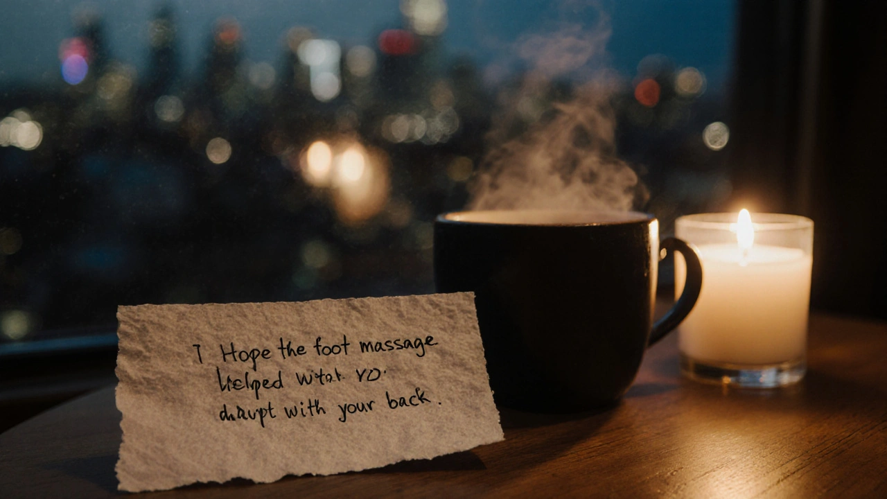 A handwritten note with a warm message beside a steaming cup of tea and a flickering candle.