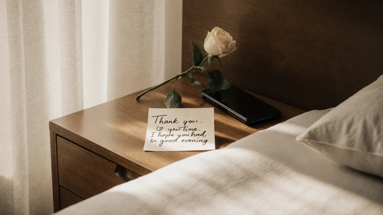 A handwritten thank-you note and a single rose sit on a nightstand after a respectful, professional encounter.