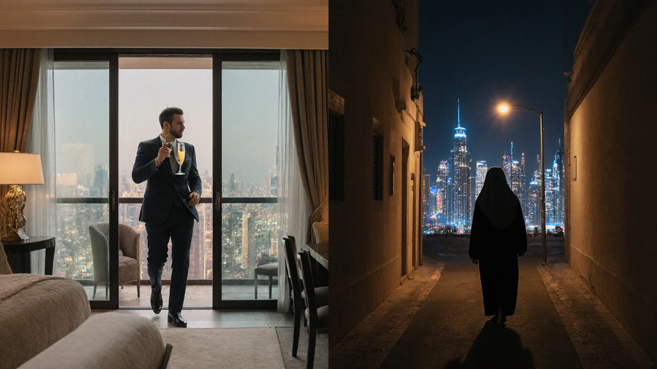 A man leaving a luxury hotel while a woman walks alone in a shadowed alley, Dubai skyline in the background.