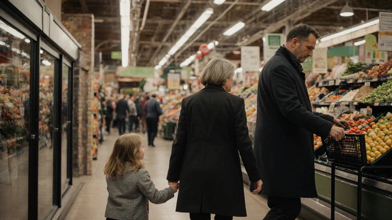 A mother walking with her daughter in a supermarket, glancing nervously at a man nearby.