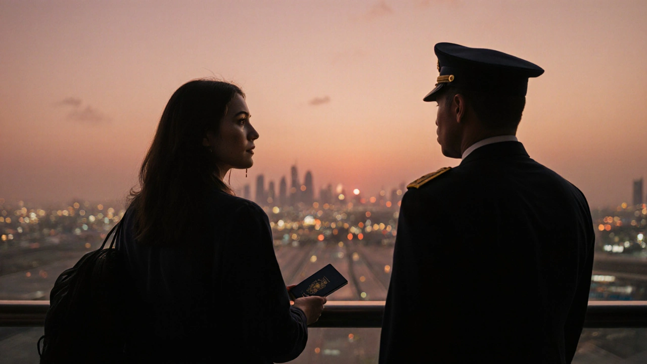 A woman at Dubai Airport looks back at the city as a consular officer stands beside her at dawn.