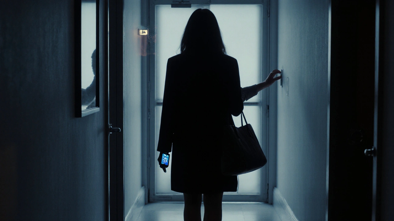 A woman walks away from a hotel door, phone glowing with safety timer, hallway empty and dimly lit.