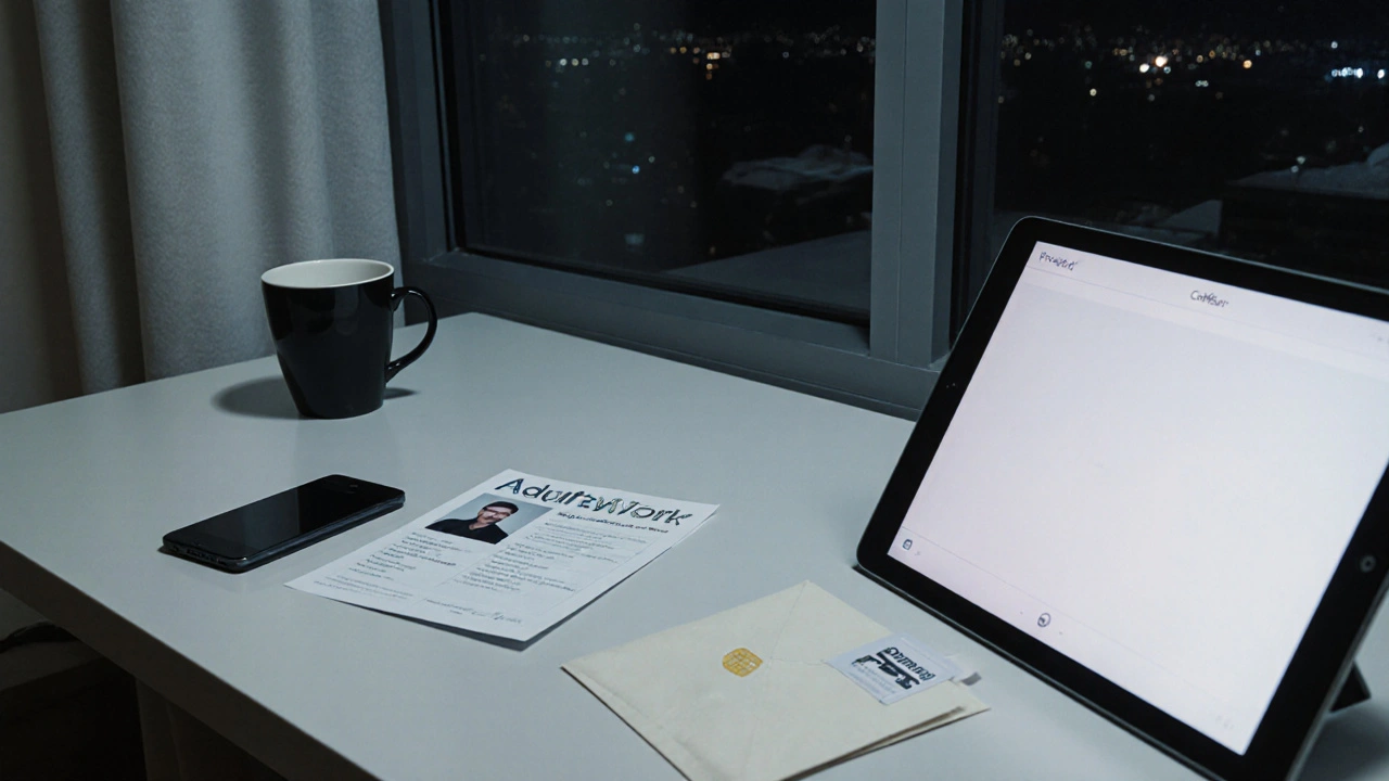 An empty apartment desk with a burner phone, prepaid SIM, and printed profile—no personal details visible, only tools of discretion.