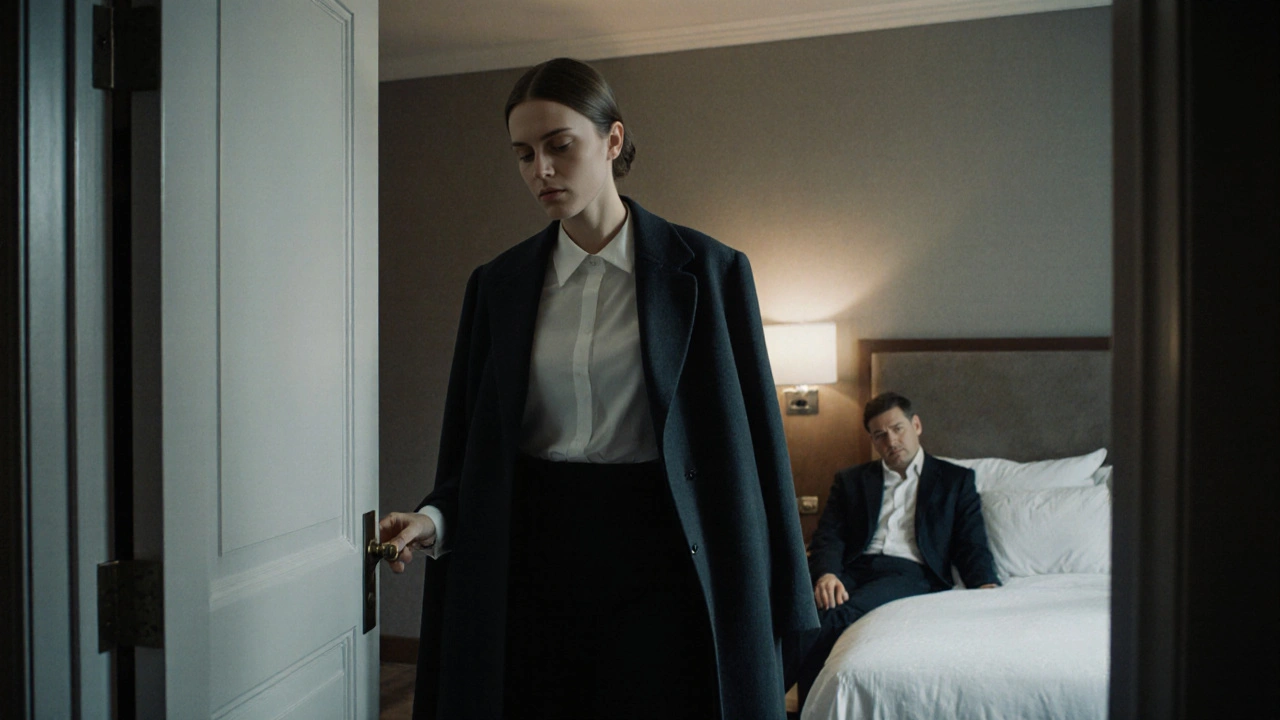 An escort calmly leaves a session after setting a boundary, standing firm at the door while the client sits in silence.