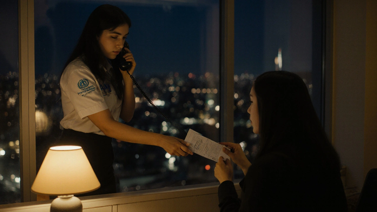 An NGO worker hands a travel document to a woman in a quiet office as a phone lights up with an embassy call.