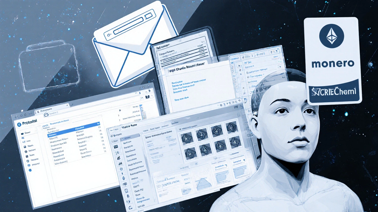 Digital tools for anonymous escort work: encrypted email, cryptocurrency wallet, and AI-generated profile image.