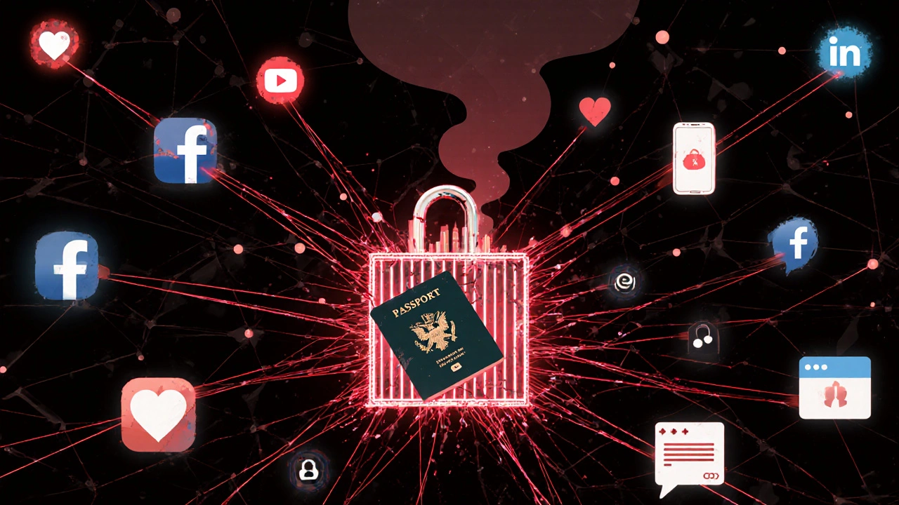 Digital web of apps and payments leading to a prison gate shaped like Dubai skyline, shattered passport at center.