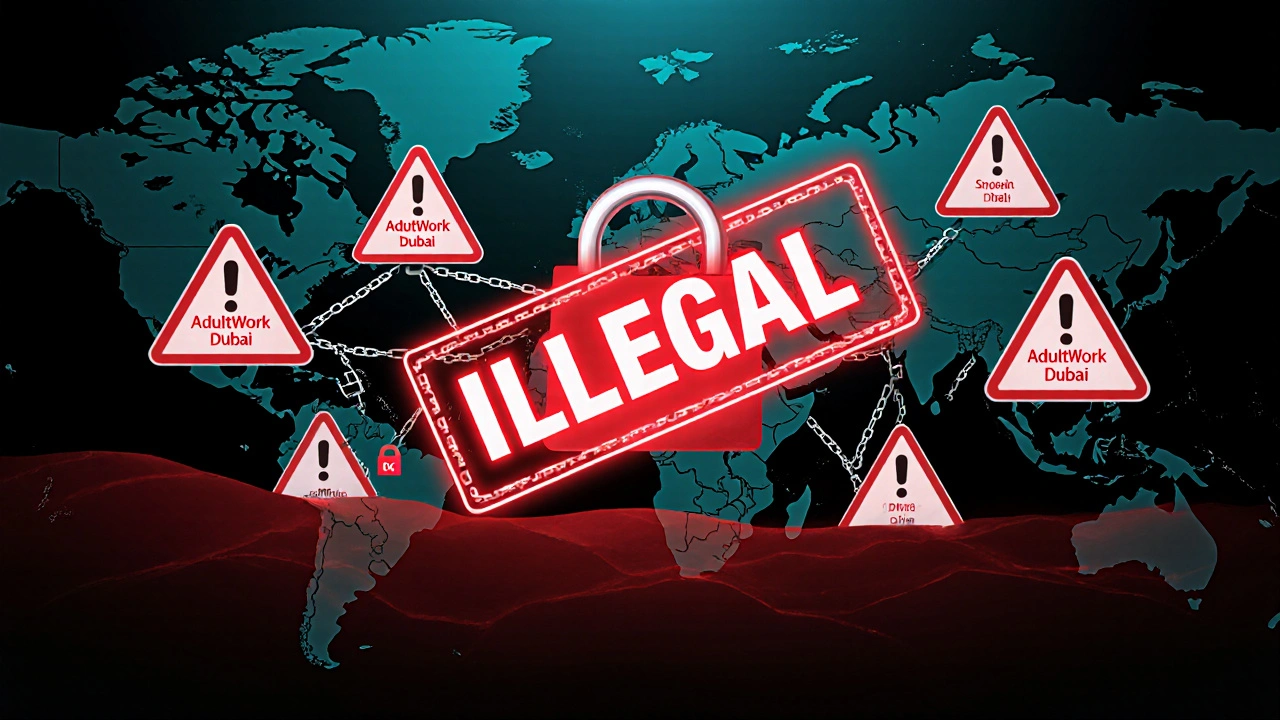 Digital web of fake escort profiles collapsing into darkness under &#039;ILLEGAL&#039; stamp over Dubai map.