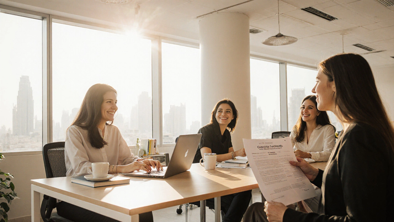 Expats working together in a bright Dubai co-working space, sunlight streaming in, symbols of legal employment.