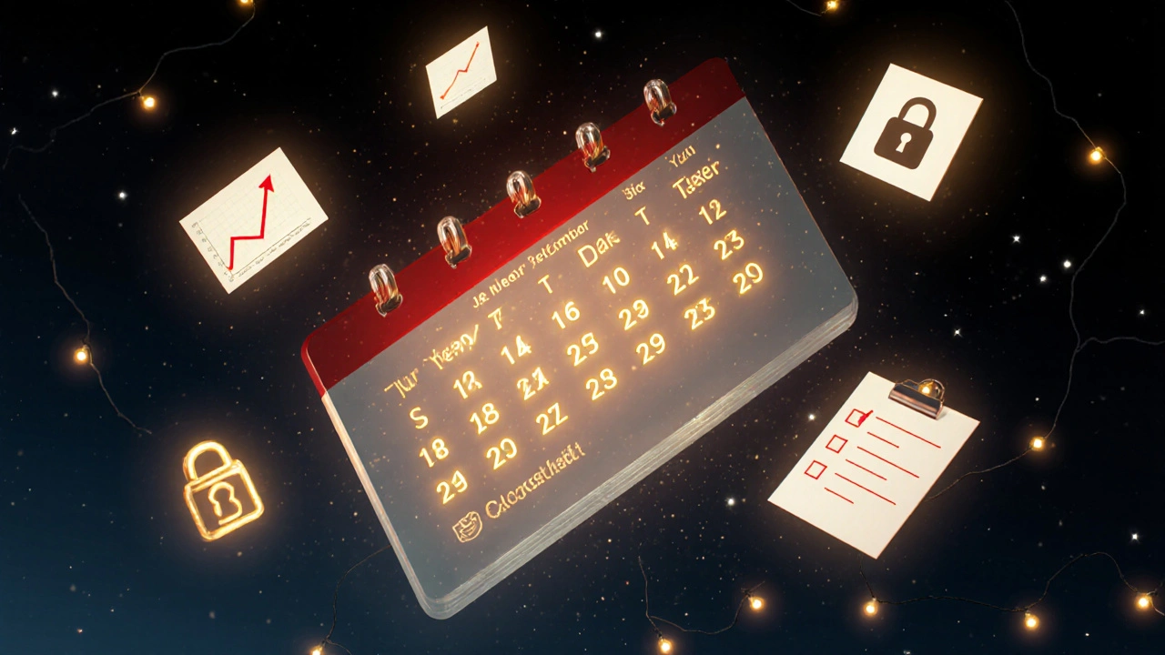 Floating digital calendar with December dates glowing gold and red, surrounded by icons of demand, safety, and gratitude.
