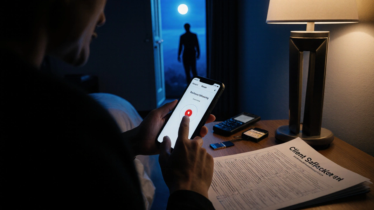 Hand activating a panic app in a hotel room as a shadow looms outside the door.