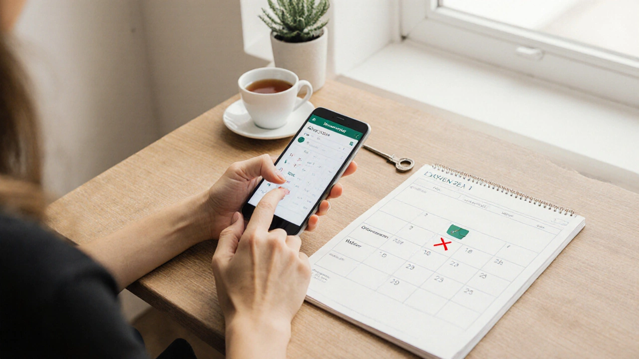 Hand closing a booking app while placing a key beside tea and a plant, representing boundaries and self-care.