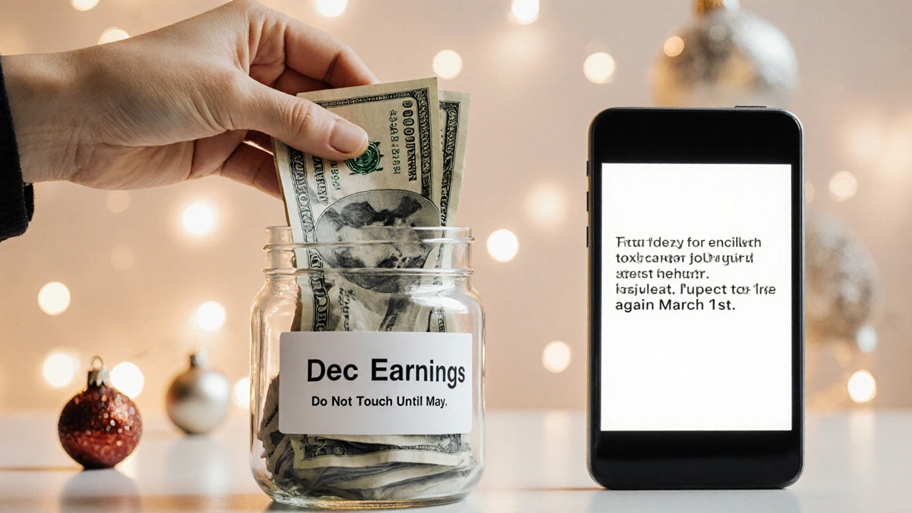 Hands placing cash into a savings jar labeled &#039;Dec Earnings&#039;, with a smartphone displaying a repeat client message.