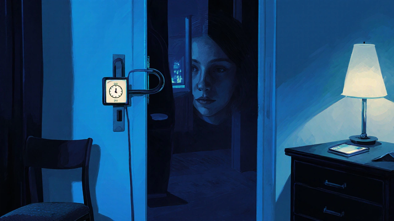 Locked hotel room door with door stopper and chair under handle, phone showing safety timer.