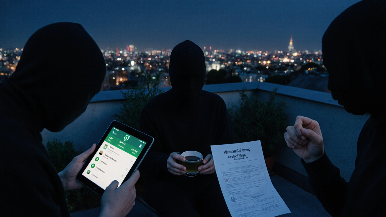 Three anonymous individuals meeting at night in a private garden, sharing safety tips without revealing identities or locations.