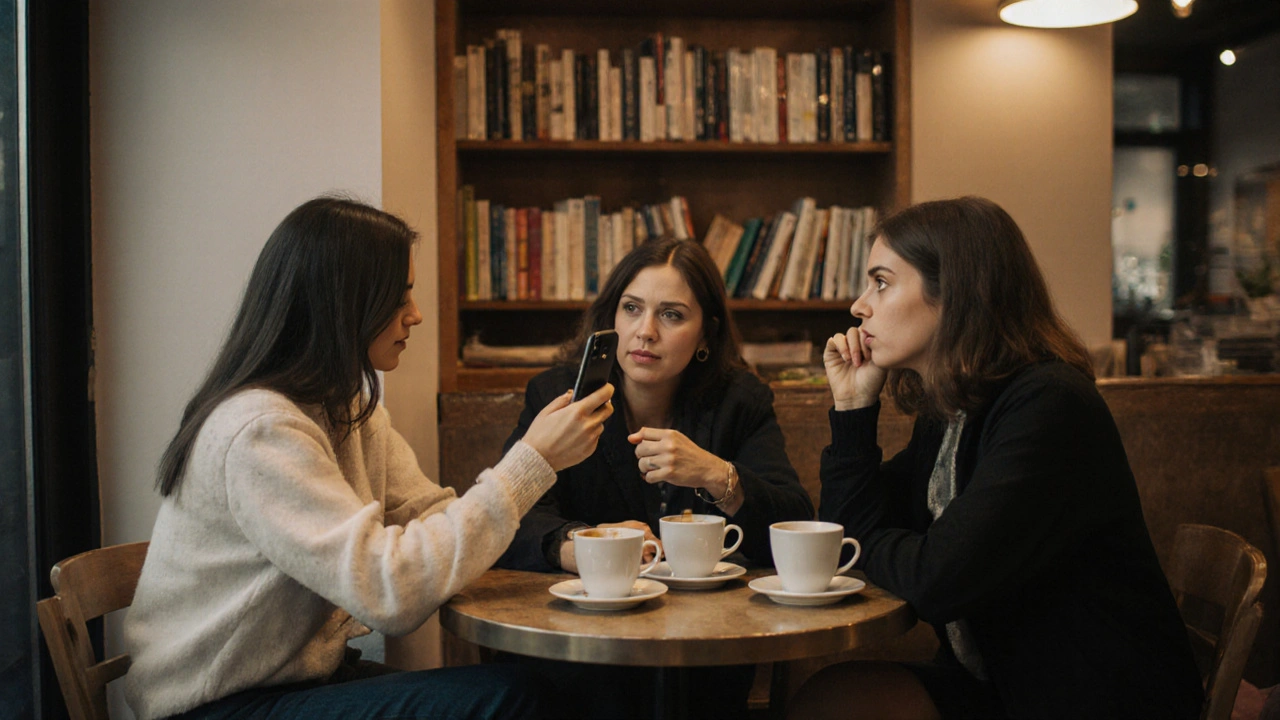 Three female workers sharing advice over coffee at a Munich café near Ostbahnhof.