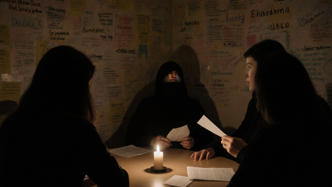 Three women in a dim room, faces hidden, gathered around a candle with handwritten notes on the walls.