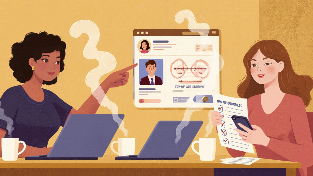 Three women in a private online support group share experiences, laptops open, warm lighting, quiet solidarity.