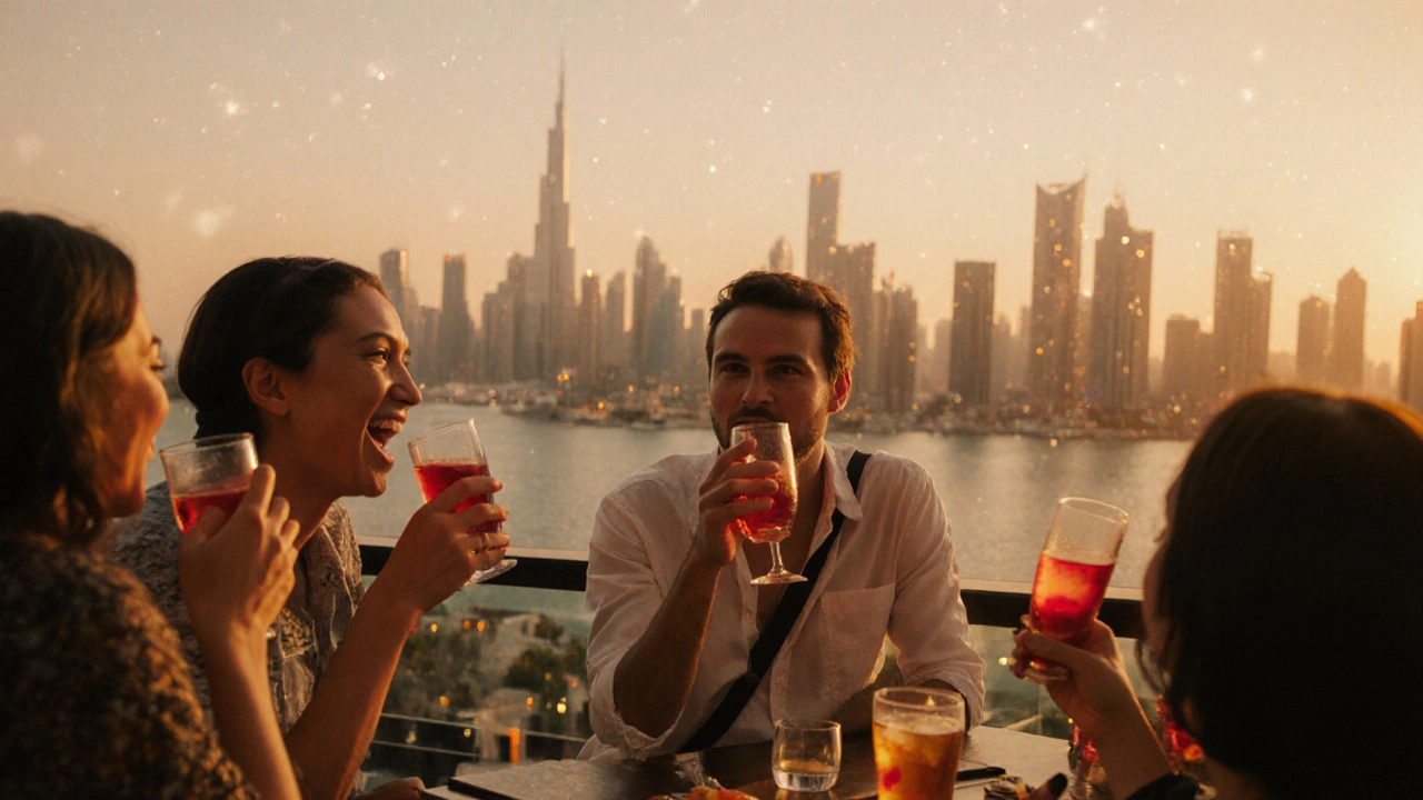 Tourists enjoying sunset at a Dubai rooftop bar with city skyline glowing behind them.