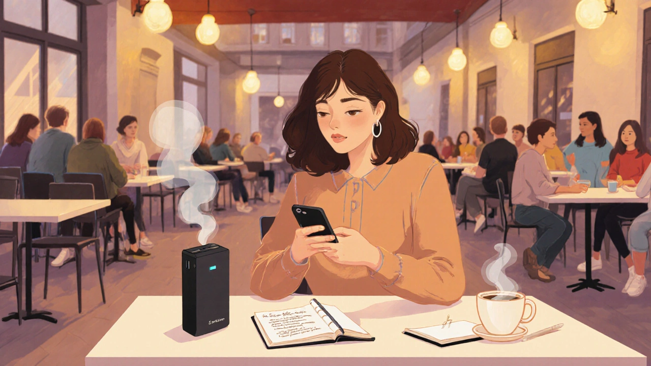 Woman at a café texting a safety contact, power bank and notes visible on the table.