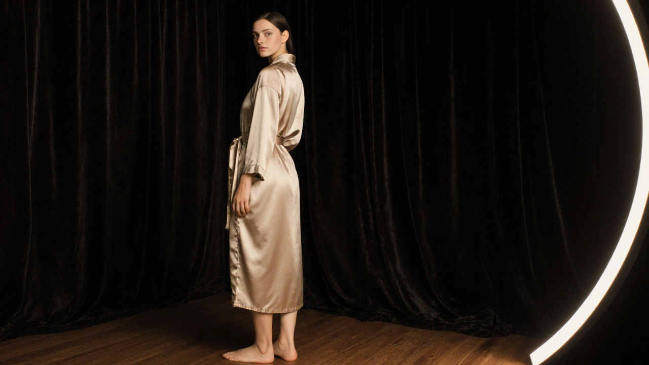 Woman in three-quarter profile wearing nude satin robe, dark curtain background, ring light illumination, calm expression.