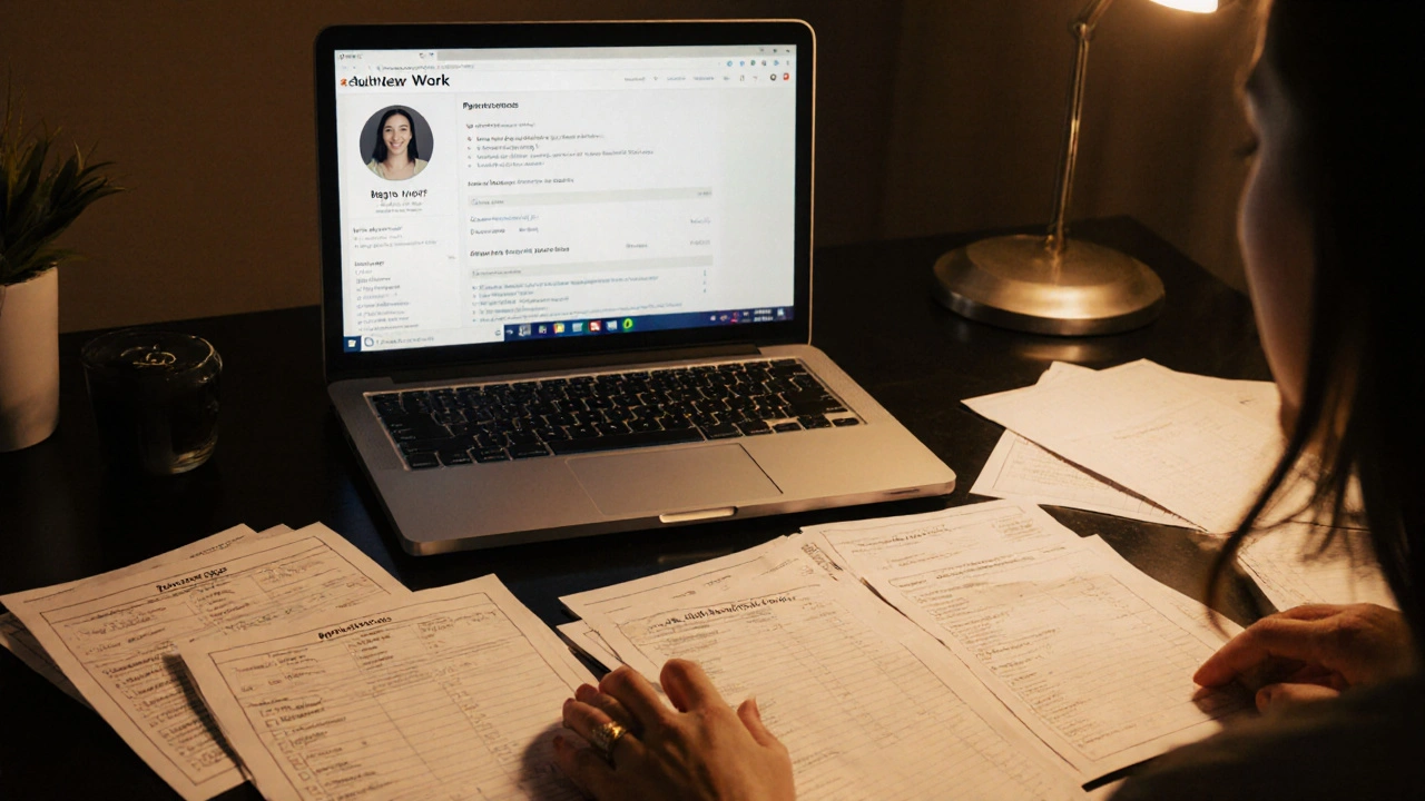 Woman organizing booking records and safety checklist at a desk with laptop open.