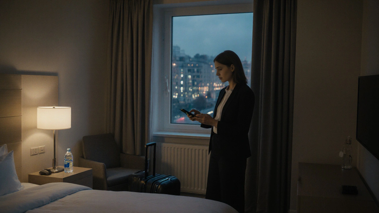 Woman preparing for a client meeting in a secure hotel room near Munich Hauptbahnhof.