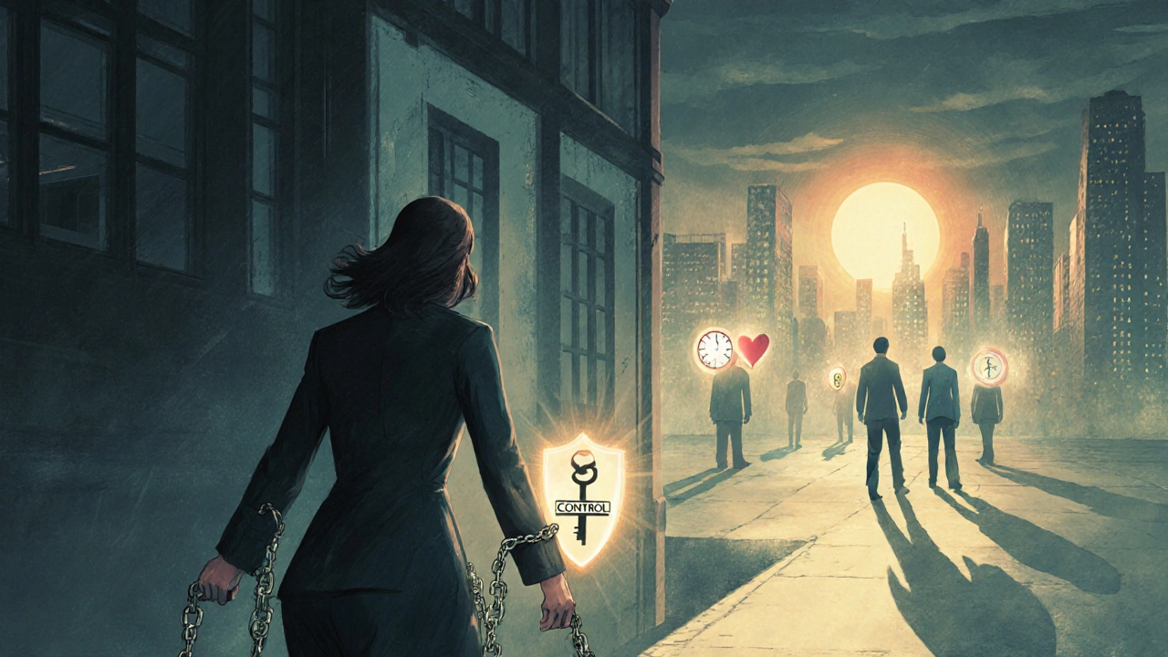 Woman walking away from a shadowy agency building as chains fall off her wrists, holding a glowing key labeled &#039;Control&#039;.