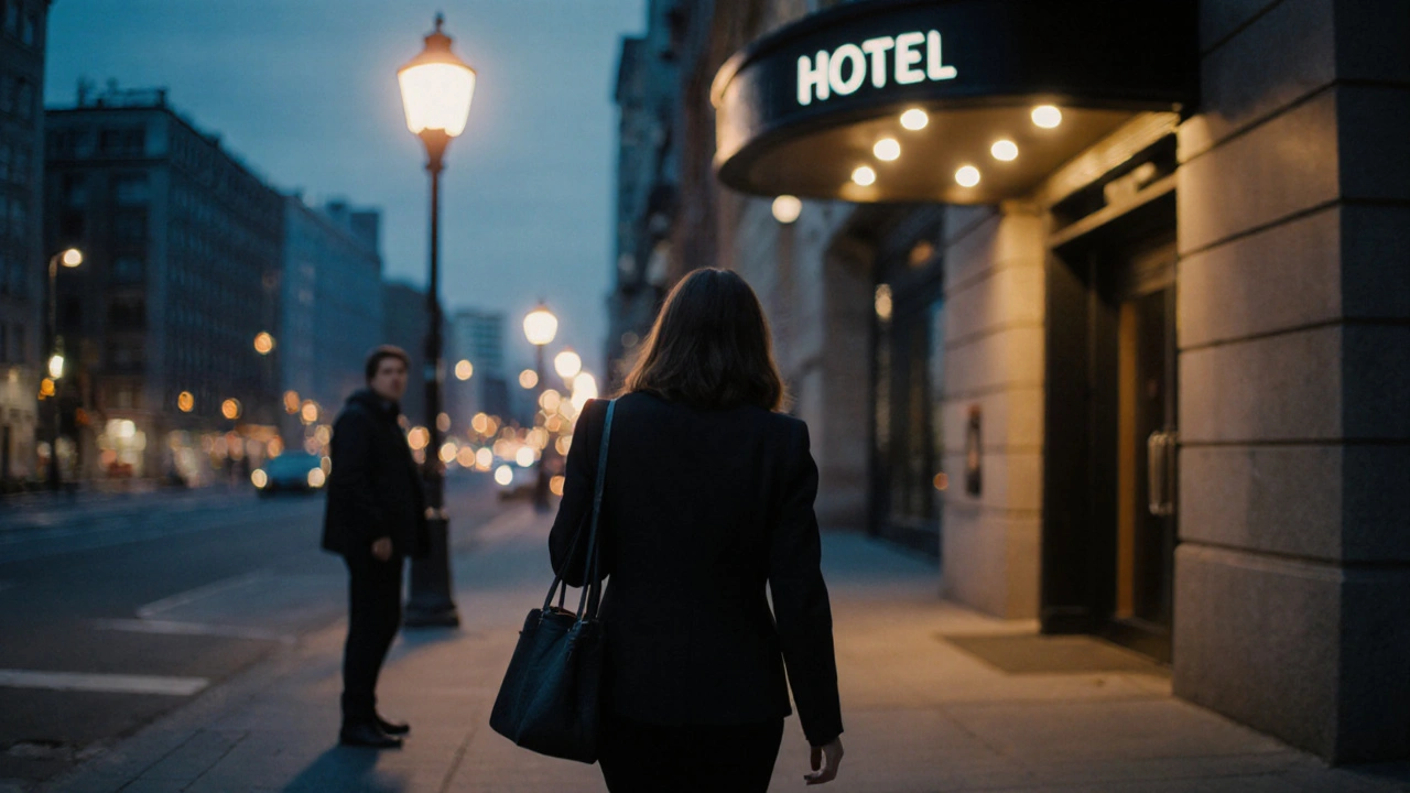 Woman walking away from hotel at dusk, ignoring a distant figure, confident posture.