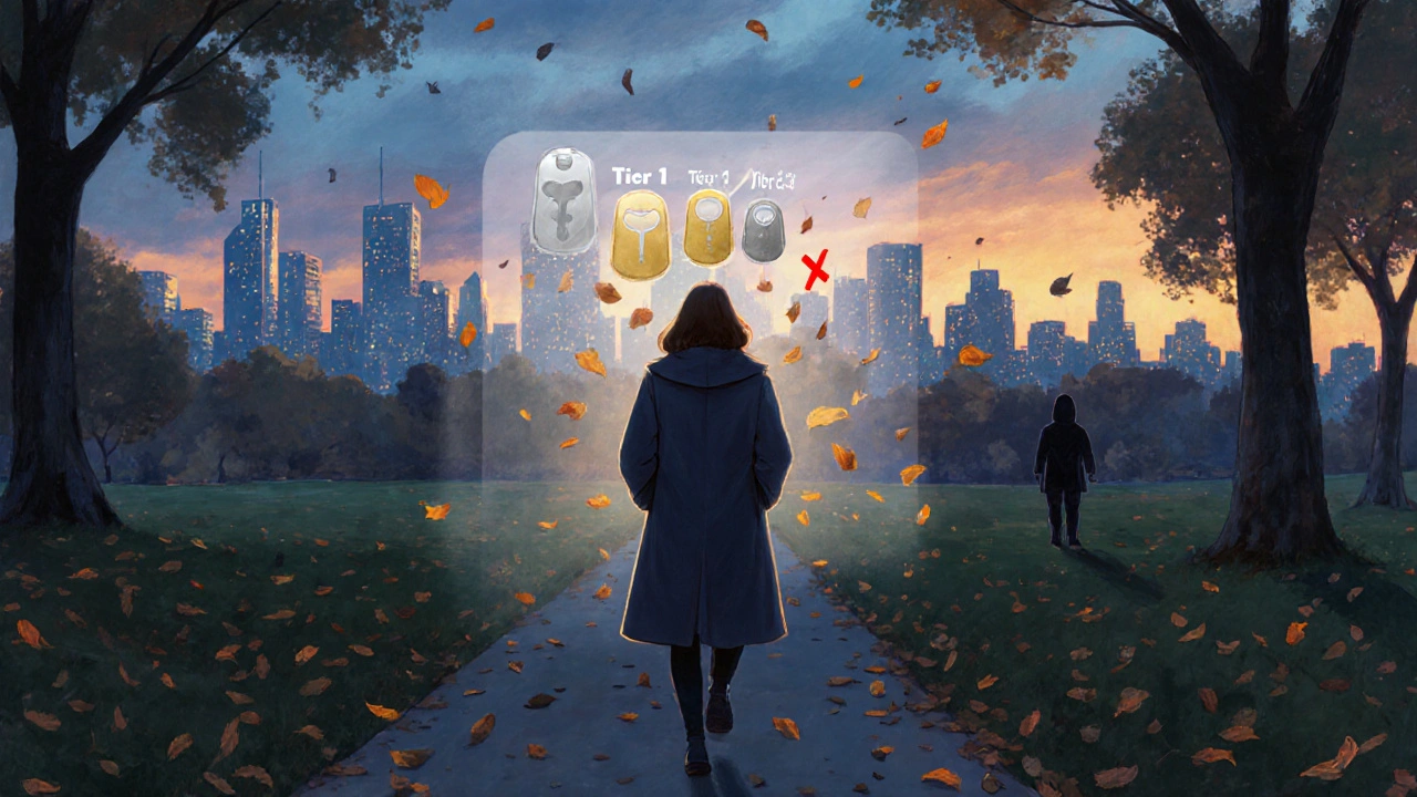 Woman walking peacefully in a park at dusk, free from her phone, symbolizing rest and mental clarity.