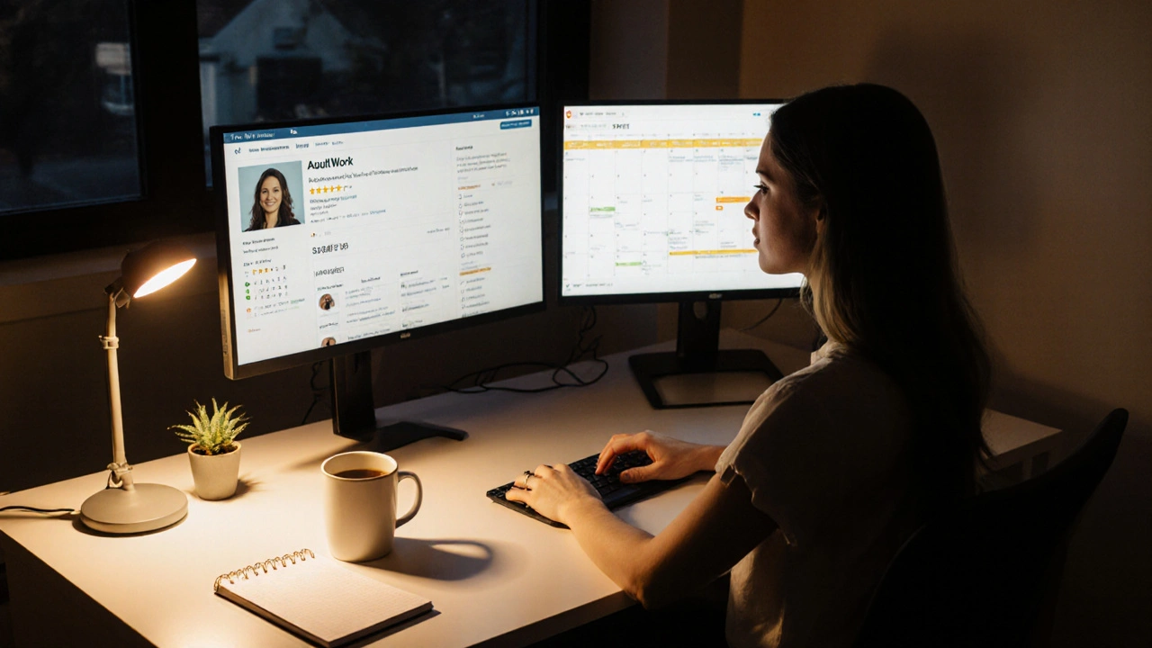 Woman working at a desk with two screens showing her independent escort profile and calendar, warm lighting, professional setting.