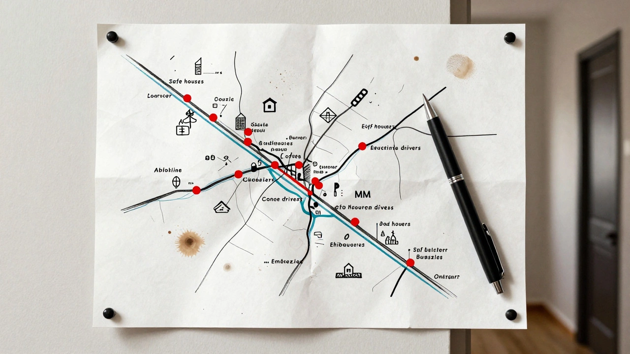 A hand-drawn map with safe locations marked, pinned to a wall with coffee stains and fingerprints.
