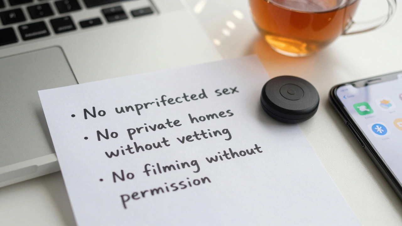 A handwritten list of professional boundaries on a desk beside a phone and tea cup.