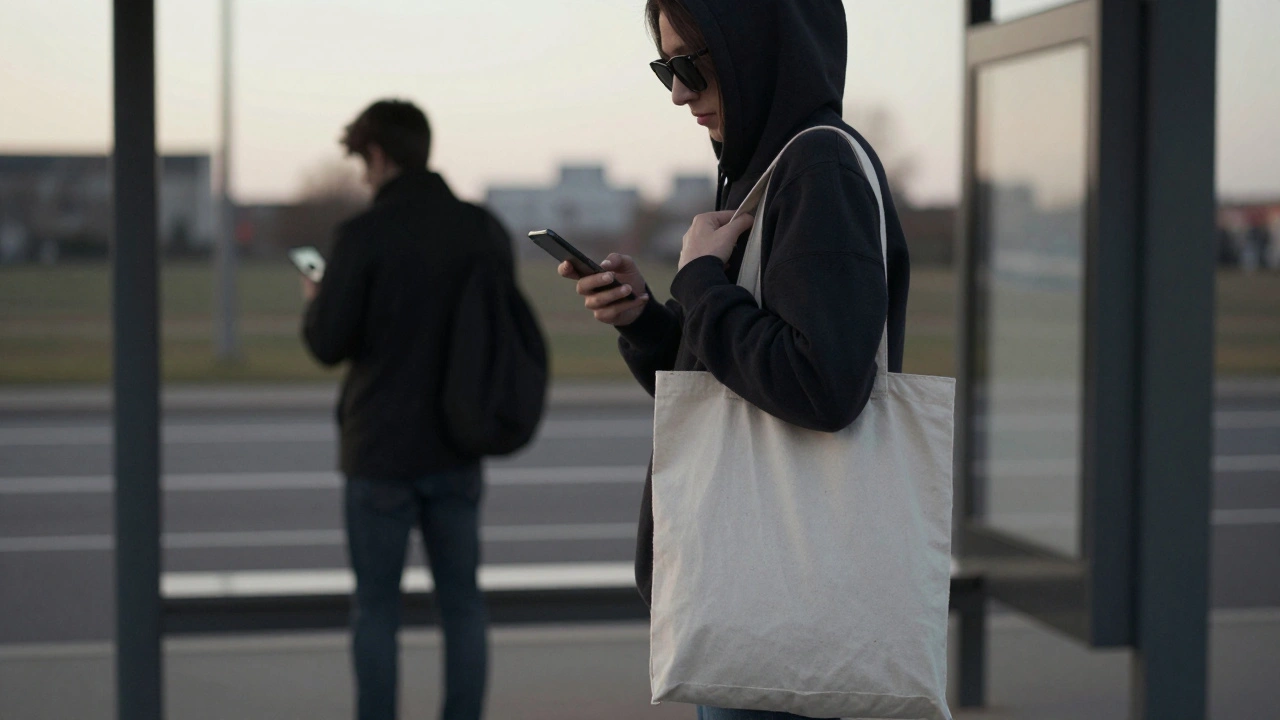 A person at a bus stop, anonymous and alert, city blurred behind them.