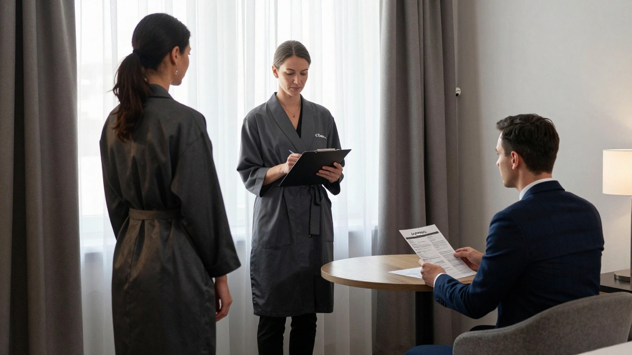 A professional meeting in a hotel room, showing only backs and a booking confirmation, emphasizing discretion.
