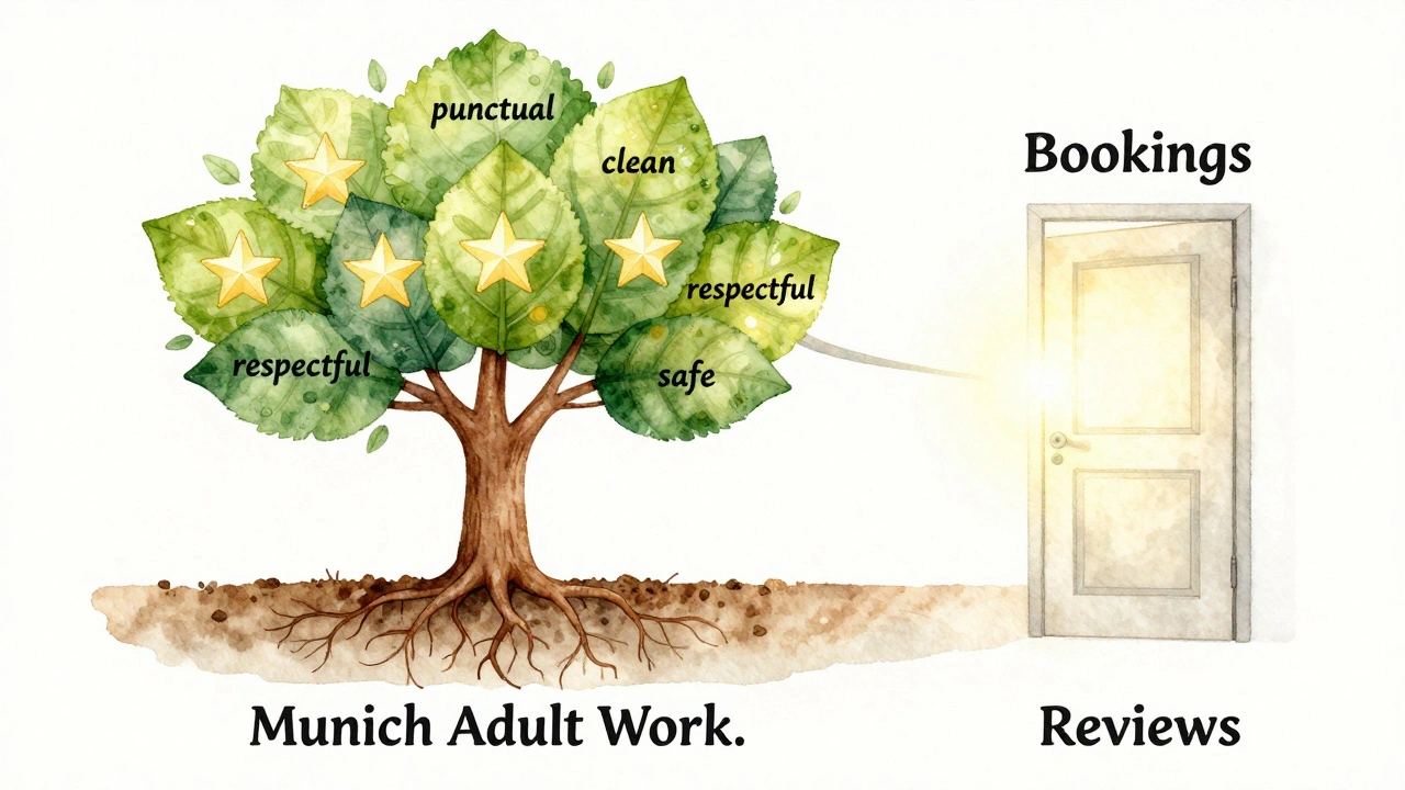 A symbolic tree with star-shaped leaves growing from reviews, representing trust and bookings in Munich's adult work industry.