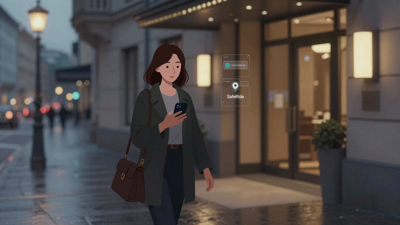 A woman walking to a client appointment, using a safety app to share her location with a trusted contact.