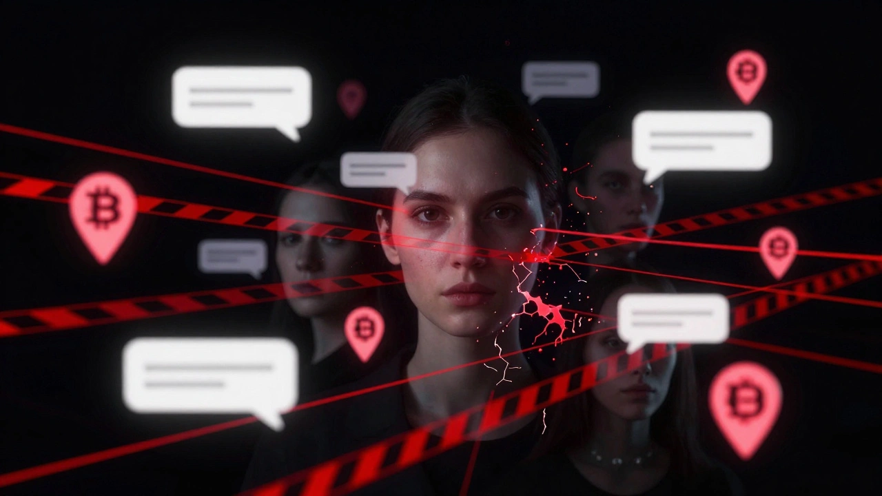 Abstract digital scene of encrypted messages, crypto symbols, and surveillance lines in darkness.