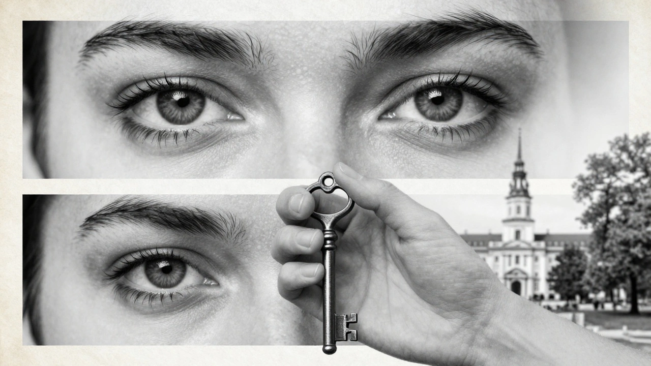 Black-and-white conceptual portrait of eyes, key, and park silhouette.