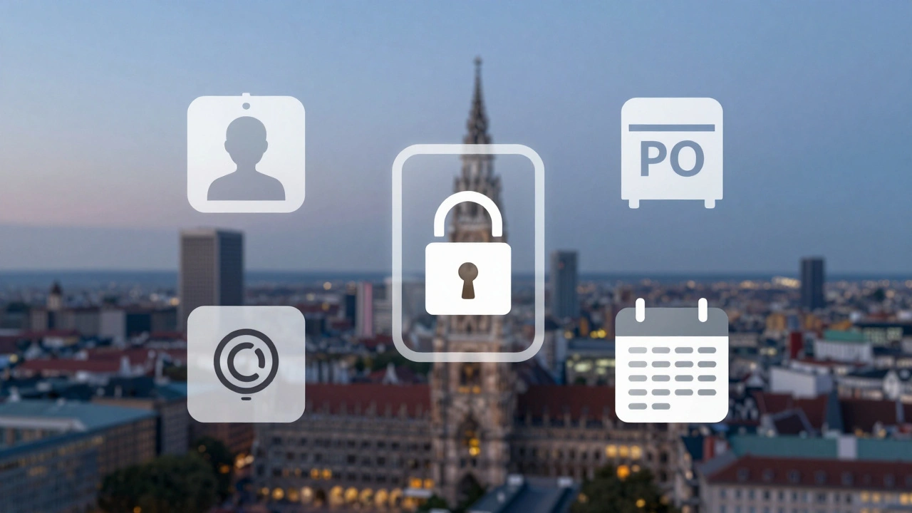 Digital icons representing privacy tools for adult workers in Munich, set against a cityscape at dusk.