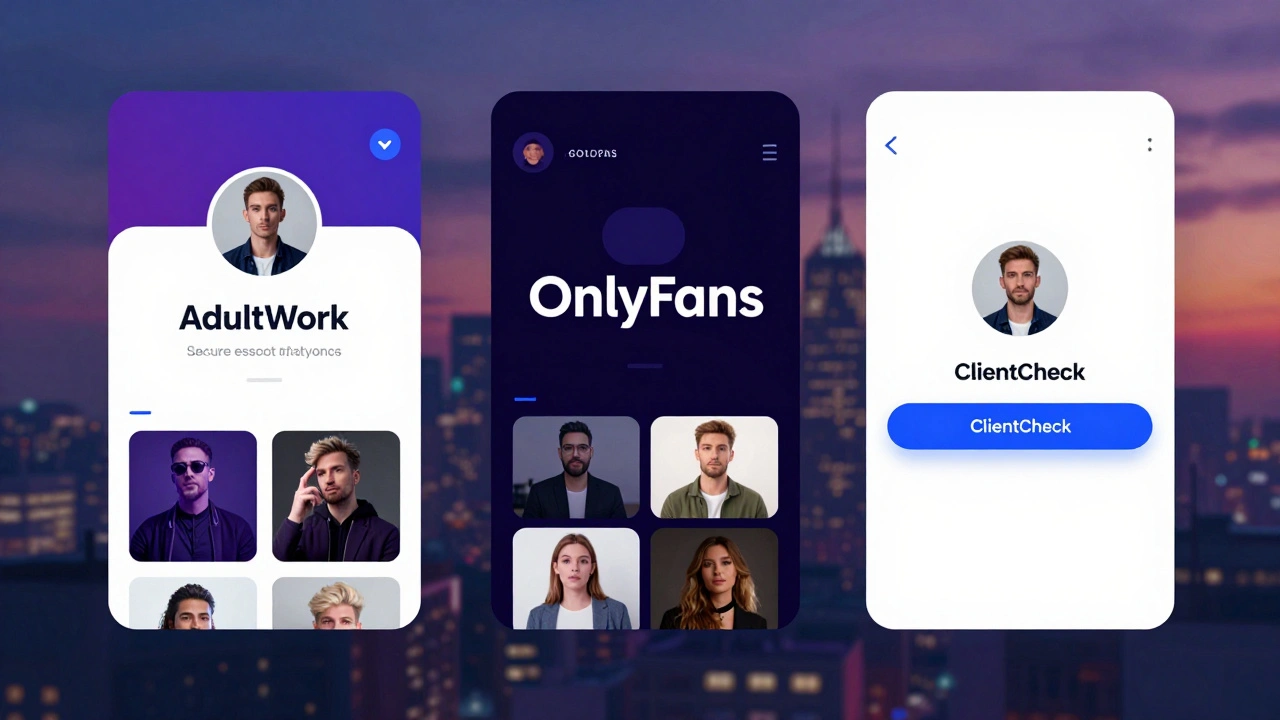 Digital interface showing escort platforms and a safety alert with no readable text.