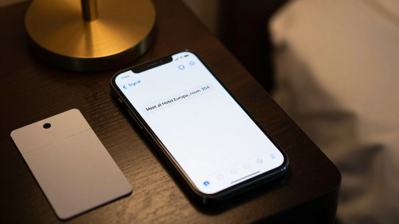 Encrypted Signal message on smartphone in hotel room, no personal items visible.